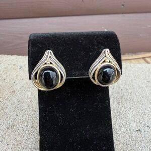 Roman Vintage Post Earrings Womens Black Silver Teardrop Cabochon